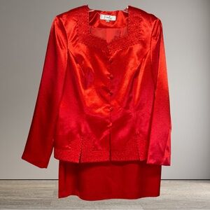 Women's Two Piece Satin Red Emily Brand Formal Embellished Suit Size 10